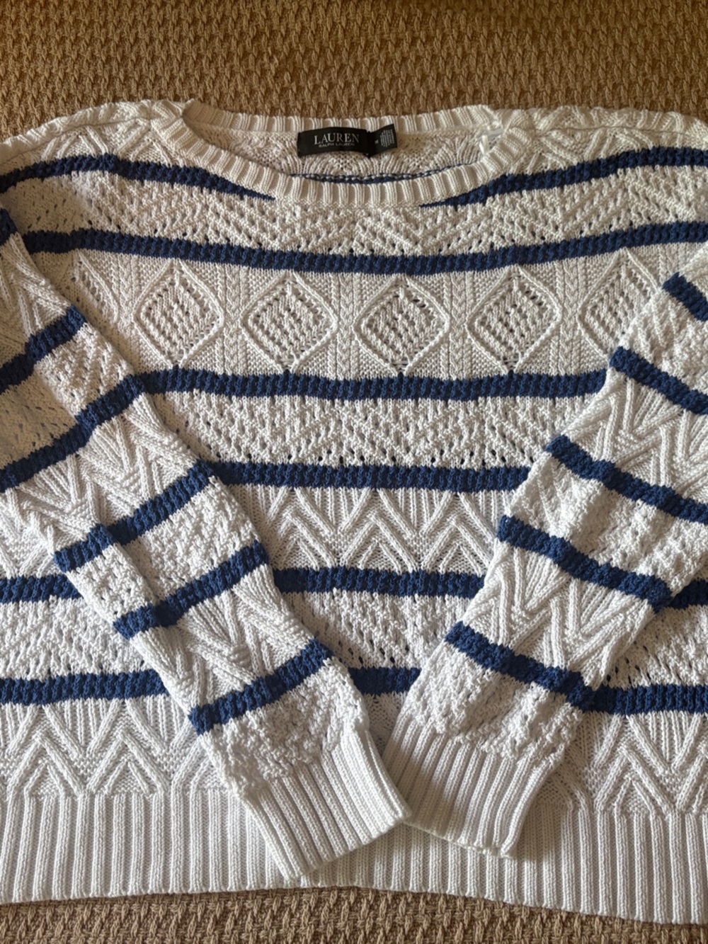 Ralph Lauren White Sweater with Navy Stripes